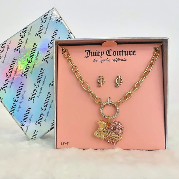 Juicy Couture Gold-Tone Pink Rhinestones Heart Charm Necklace & JC Earrings Set - Picture 6 of 7